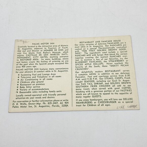 Vintage Palms Motor Inn Hotel FL ￼ Postcard St Augustine Florida‎ Unposted 1960s - Picture 6 of 8